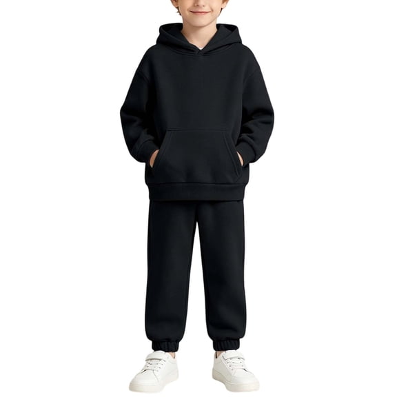 QTBIUQ Boys Two-Piece Fall Winter Set Cotton Fleece-Lined Solid Hoodie Sweatshirt and Jogger Pants Casual Outfit Set