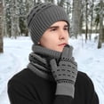 thumbnail image 3 of Opvise 3Pcs/Set Women Men Fashion Knitting Beanie Hat Gloves Scarf Set Contrast Color Fleece Lining Woolen Yarn Knitted Neck Gaiter Hat Mittens Set Navy Blue, 3 of 8