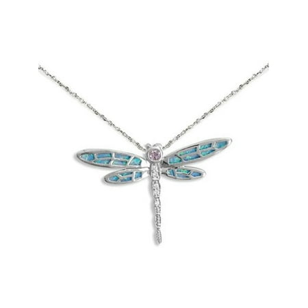 Dragonfly Necklace with Synthetic Blue Opal Inlay and Cubic Zirconia Accents Sterling Silver, 20IN