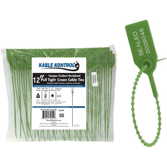 Pull Tight Cable Zip Tie Seals - Numbered / Serialized Tamper Evident - 12" Long - 50 Lbs Strength - 50 Pcs - Green