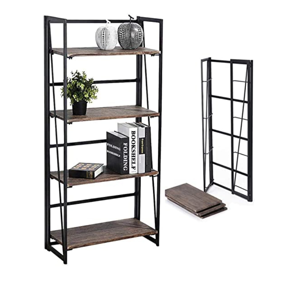 Kepooman Folding Bookshelf for Home Office, 4 Tiers Book Rack Organizer, Wooden Storage Shelves Vintage Kepooman Folding Bookshelf for Home Office, 4 Tiers Book Rack Organizer, Wooden Storage Shelves Vintage