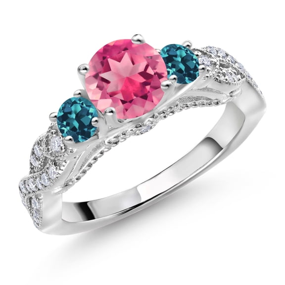 Gem Stone King 925 Sterling Silver Pink Mystic Topaz London Blue Topaz and White Moissanite Engagement Ring for Women (2.03 Cttw, Round 6MM and 3MM, Size 6)