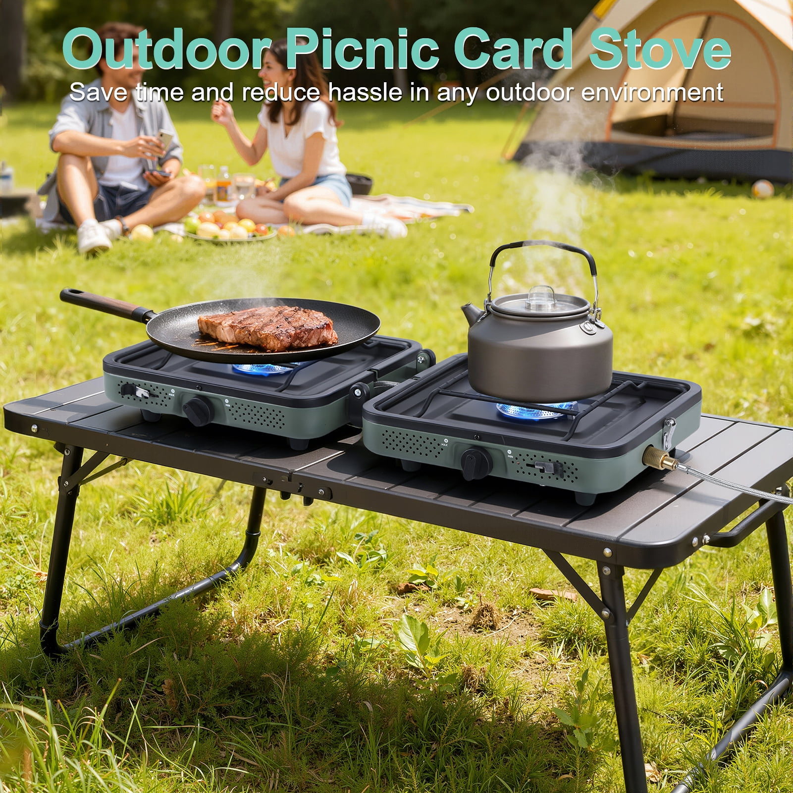 Portable Windproof Dual Burner Camping Stove,20,000 BTU High Output Metal Folding Gas Stove with Removable Windshield & Frying Pan-Perfect for Outdoor Cooking,Hiking,Tailgating & Emergency Use