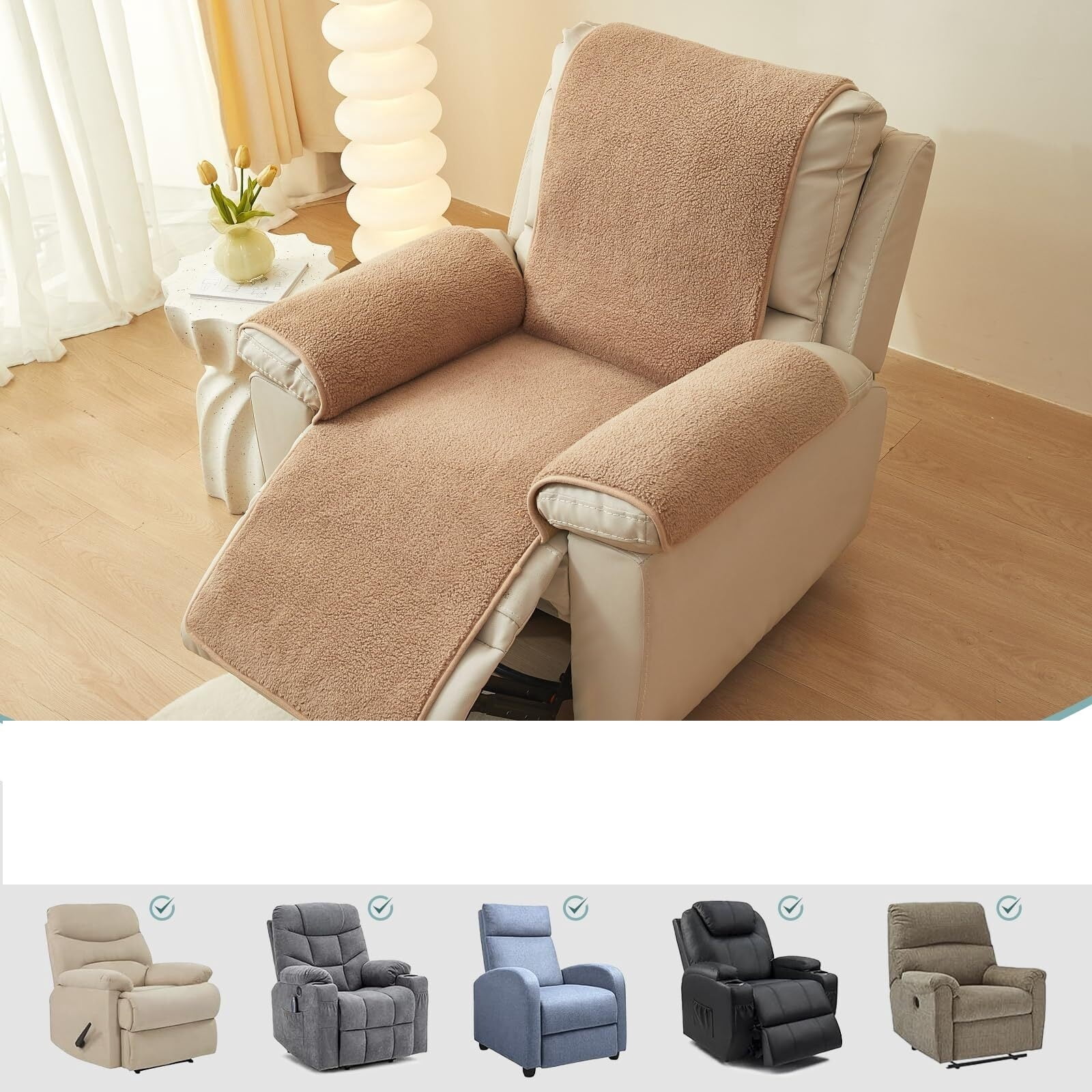 Recliner Chair Covers Fleece Soft Warm Sofa Slipcover Furniture Protector Non-Slip Washable Reclining Chair Cover for Kids, Pets