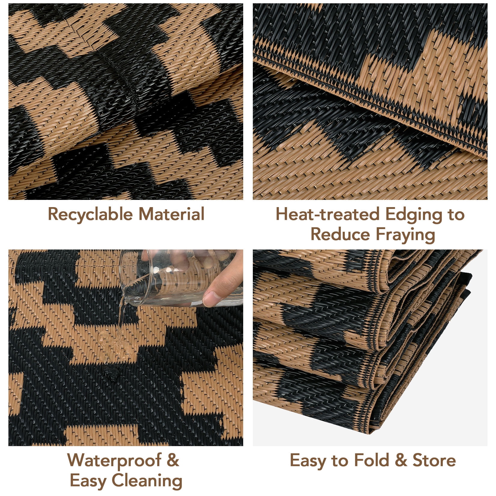 Twister.CK 8x10' Waterproof Outdoor Rug, Reversible Plastic Patio Rugs with Storage Bag, Portable Modern Indoor Outdoor Carpet for Camping, Balcony Deck Backyard, Black & Brown