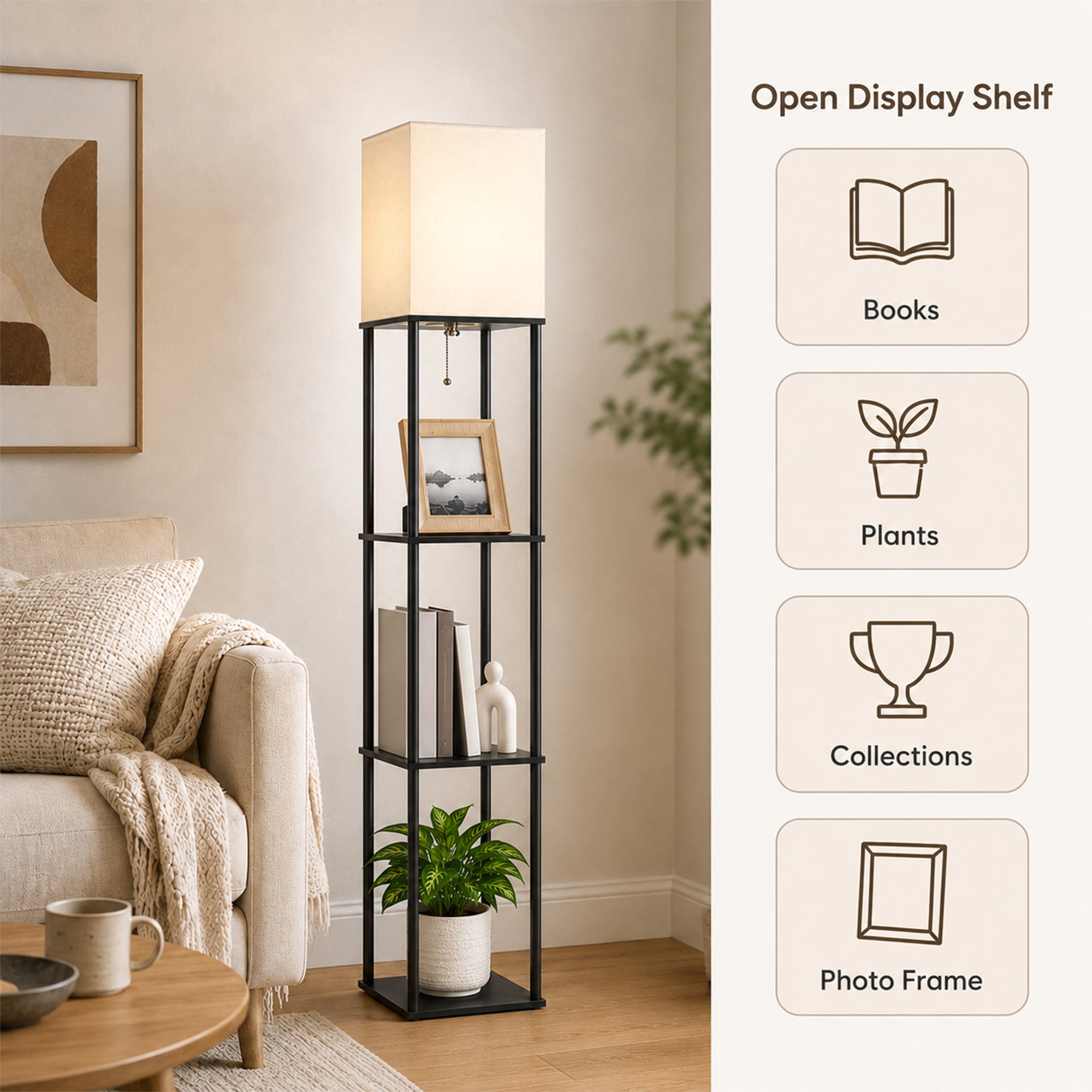 DAYBETTER Floor Lamp With Shelves, 62” Black Shelf Floor Lamp with 9W LED Bulb, 3 Color Temperature, Modern Standing Lamp for Living Room, Bedroom, Office, Corner