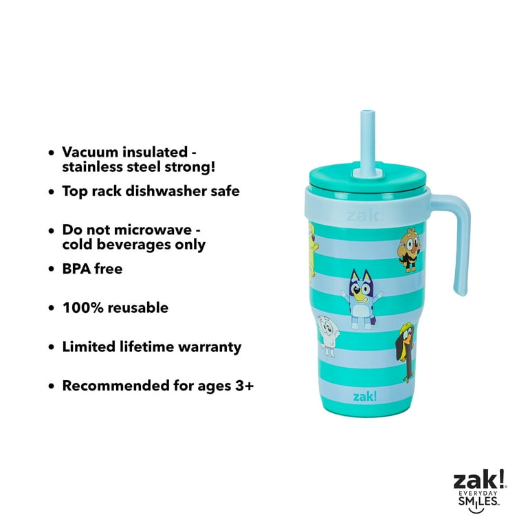 Zak Designs 18oz Bluey Kids Straw Handle Tumbler, Stainless Steel