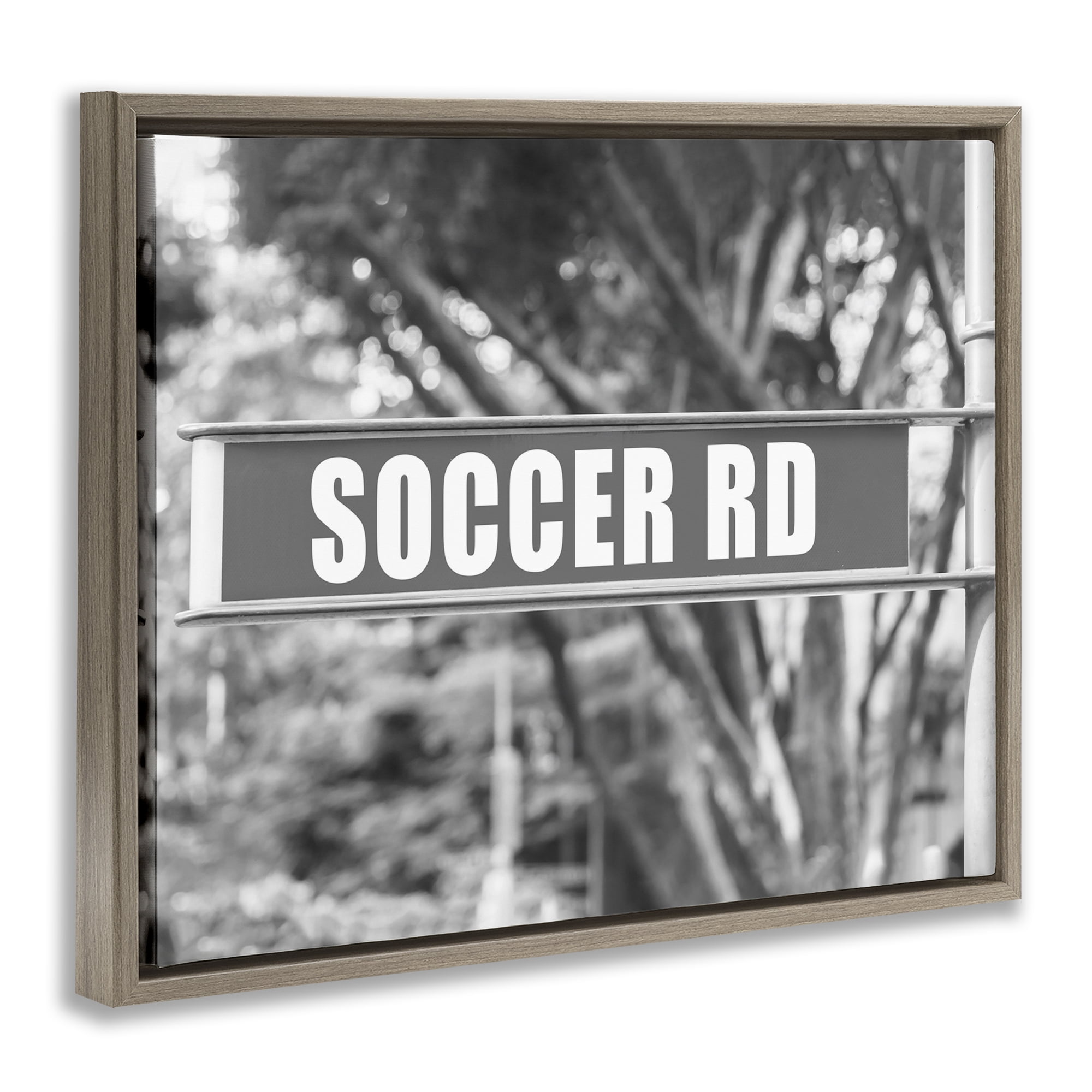 Stupell Industries Soccer Road Sign Sports Photography Brown Floater Framed Canvas Art Print Wall Art, 21 x 17