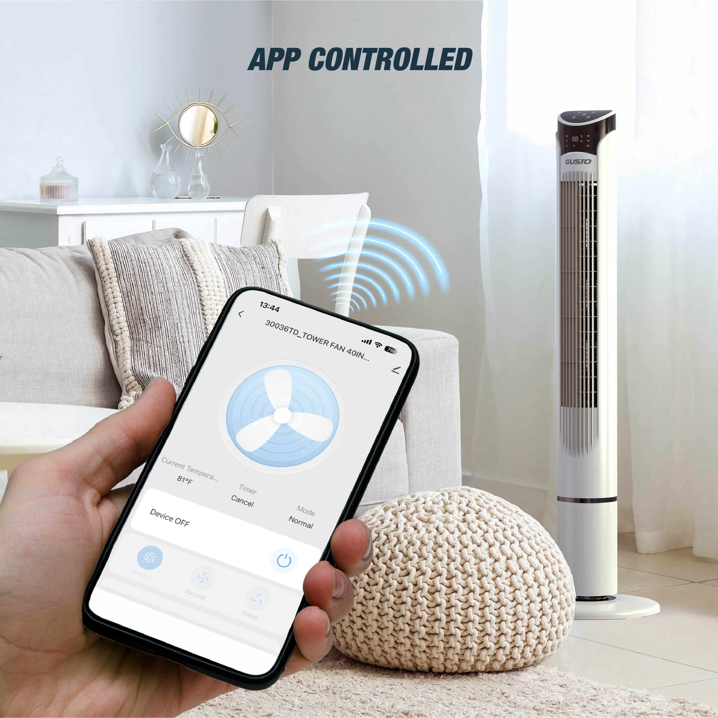 Tzumi 40" Smart Tower Fan, Bladeless Oscillating Standing Floor Fan with Remote, LED Display, and WiFi Function, White