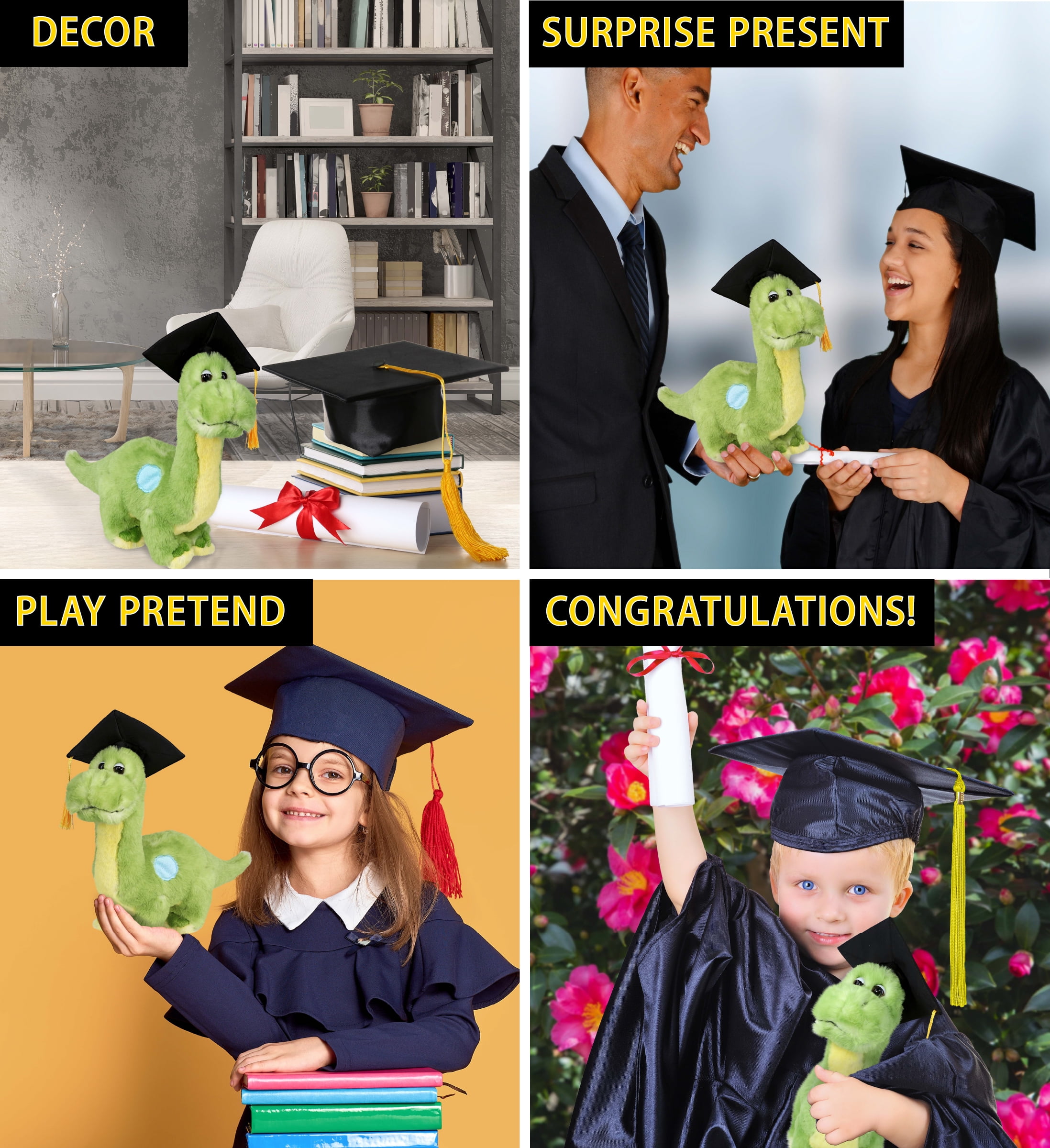 DolliBu Green Dinosaur Graduation Plush Toy - Super Soft Plush Graduation Stuffed Animal Dress Up with Gown & Cap with Tassel Outfit - Congratulatory Graduation Gift - 10 Inch
