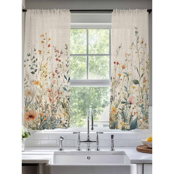 Vintage Flowers Sheer Curtains 2 Panels Set, 52" W x 72" L Flowers Wildflowers Watercolor Light Filtering Rod Pocket Voile Drapes, Window Sheer Curtains for Living Room/Bedroom