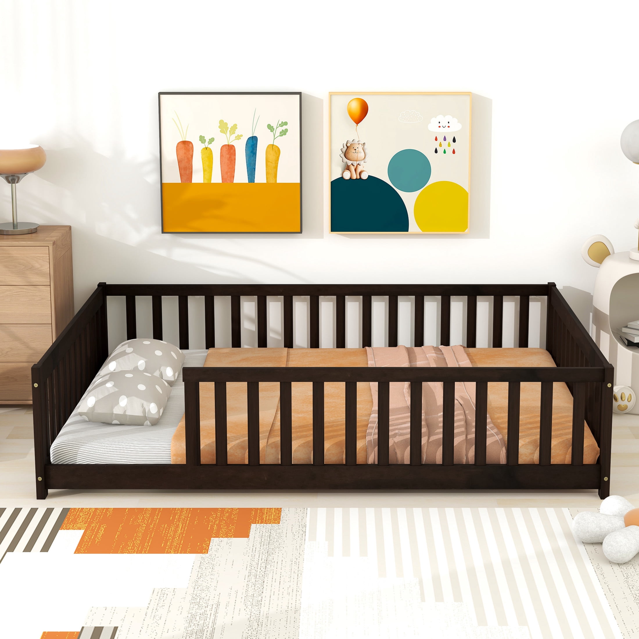Noble House Lucas Full Size Floor Bed with Safety Guardrails & Open Access, Rubber Wooden Bed Frame, Espresso