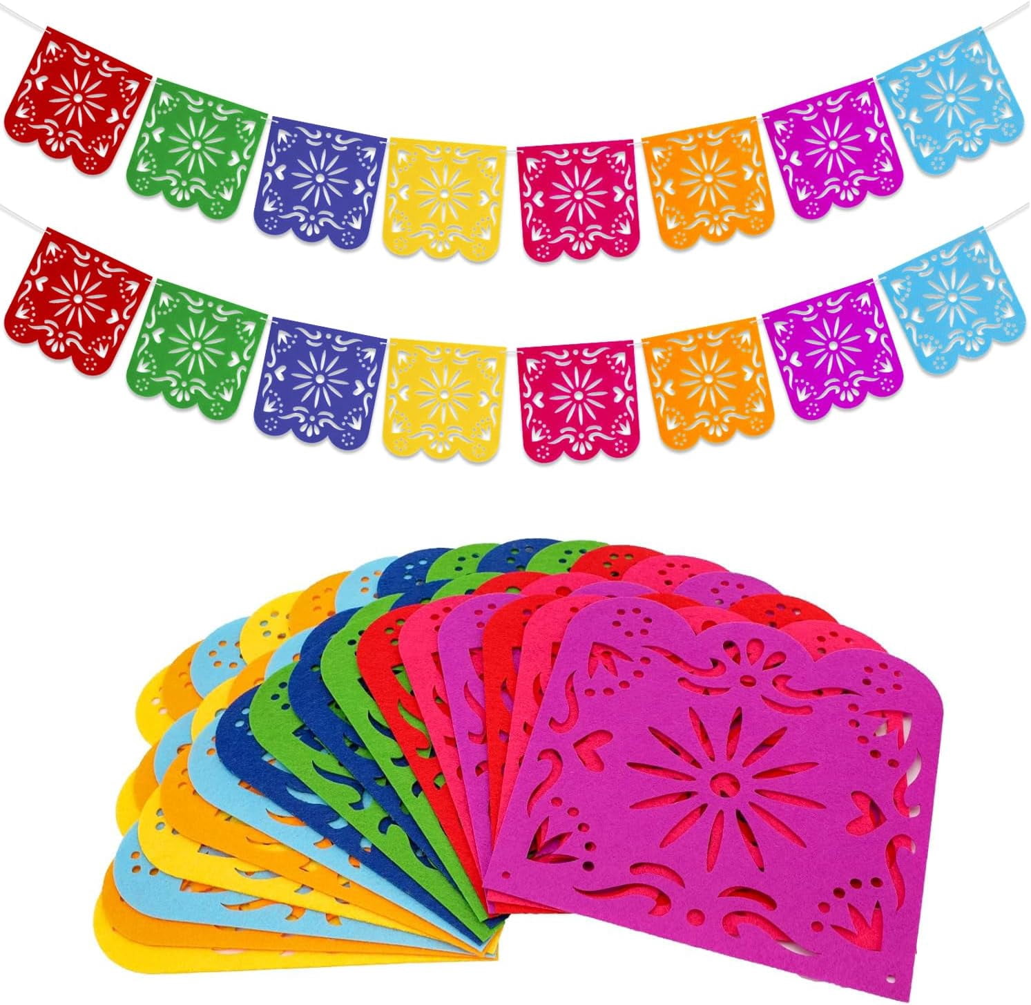 Mexican Party Decorations Set - 3 Banners & 6 Swirls, Colorful Felt Fiesta Decor For Day Of The Dead & Cinco De Mayo