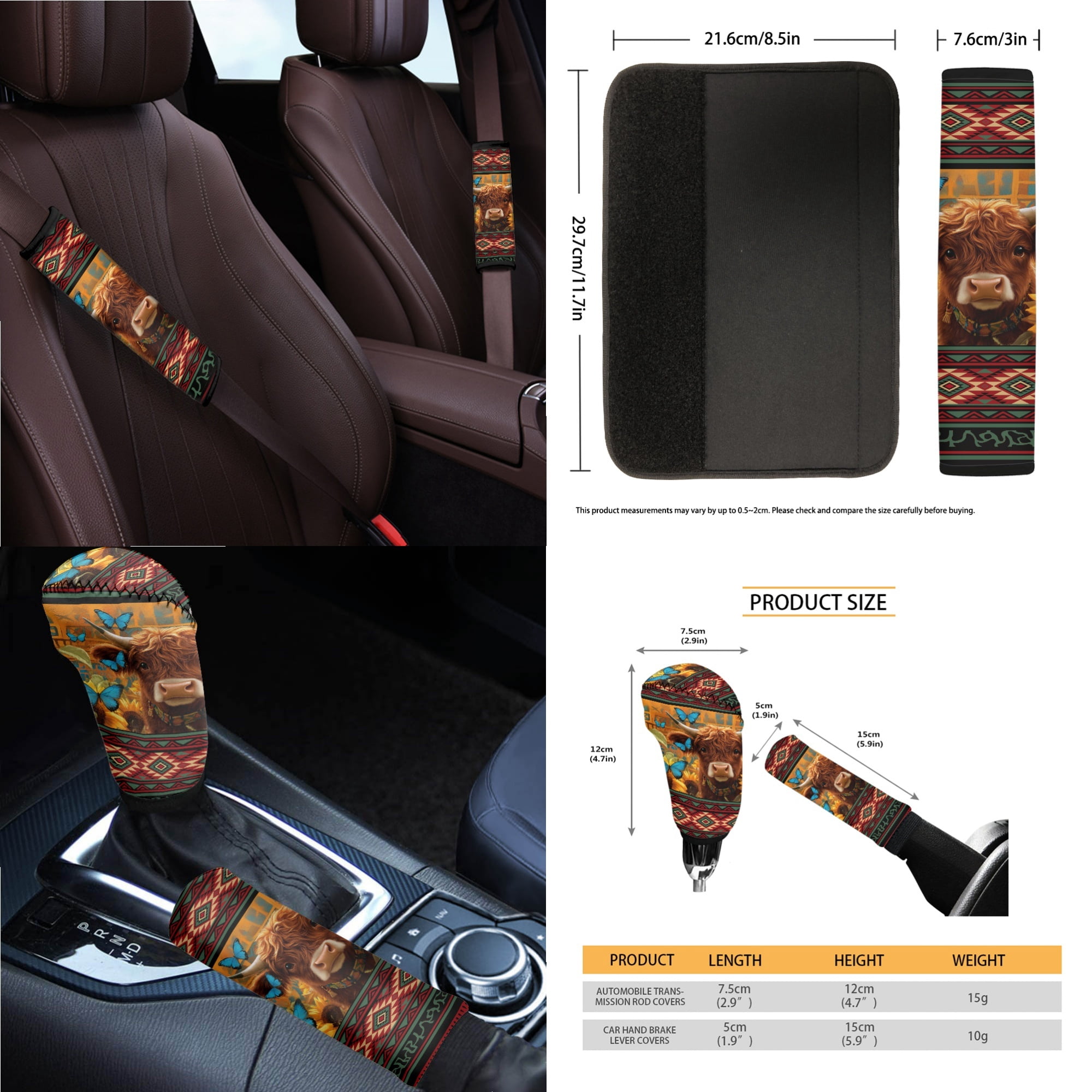 Renewold American Tribal Highland Cow 14 Pack Car Accessories, Auto Seat Protector Steering Wheel Cover Seatbelt Strap Pad Trash Can Armrest Pad Cup Holders Rearview Mirror Handbrake Cover Set