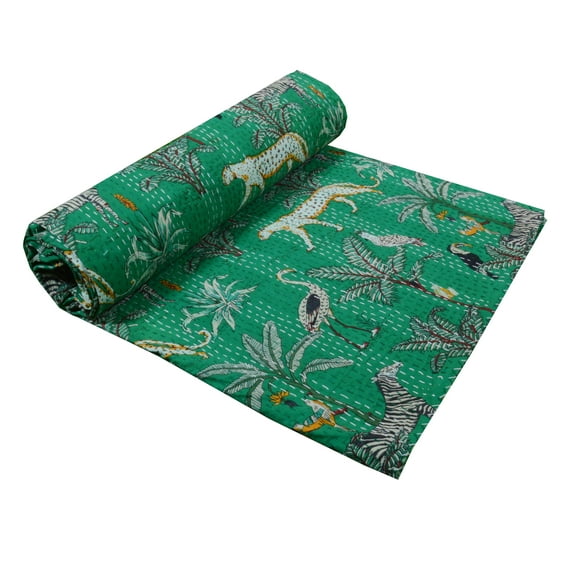 Jungle Print Kantha Quilt Double Quilt King Bedspread Kantha Blanket Indian Quilt Cotton Quilt Queen Size Bed Cover