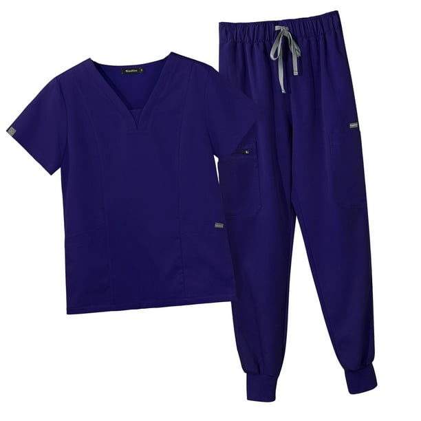 Conjunto de uniforme para mujer, traje cómodo, sencillo, con múltiples bolsillos, ligero, escote en V, duradero, informal, pantalones de , Azul profundo S Salvador Blusa y pantalones médicos