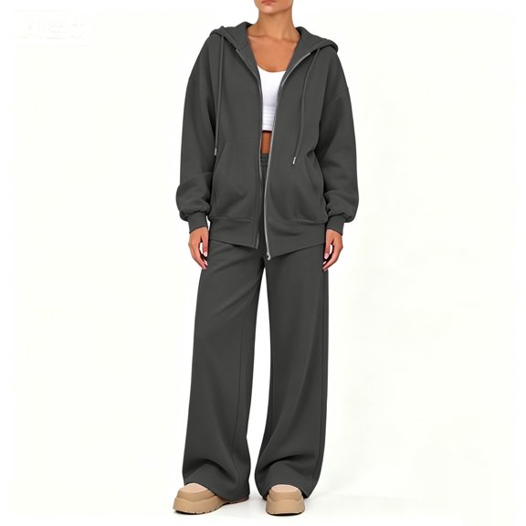 Women's Sweatsuit 2 Piece Outfit Long Sleeve Full Zip Hooded Jacket with Drawstring Wide Leg Pants Relaxed Fit Casual Lounge Wear Tracksuit Set for Fall Winter Daily Black L