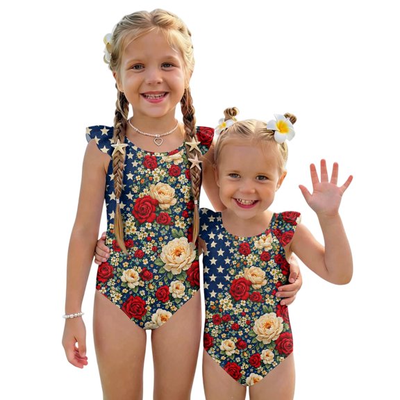 Girls Swimsuit Size 10-12 One Piece Swimsuit Summer 1776 American Flag Floral Print Swimsuits Swimming Flutter Sleeve Beach Vacation Happy Festival Bathing Suit Multicolor 7-8 Years