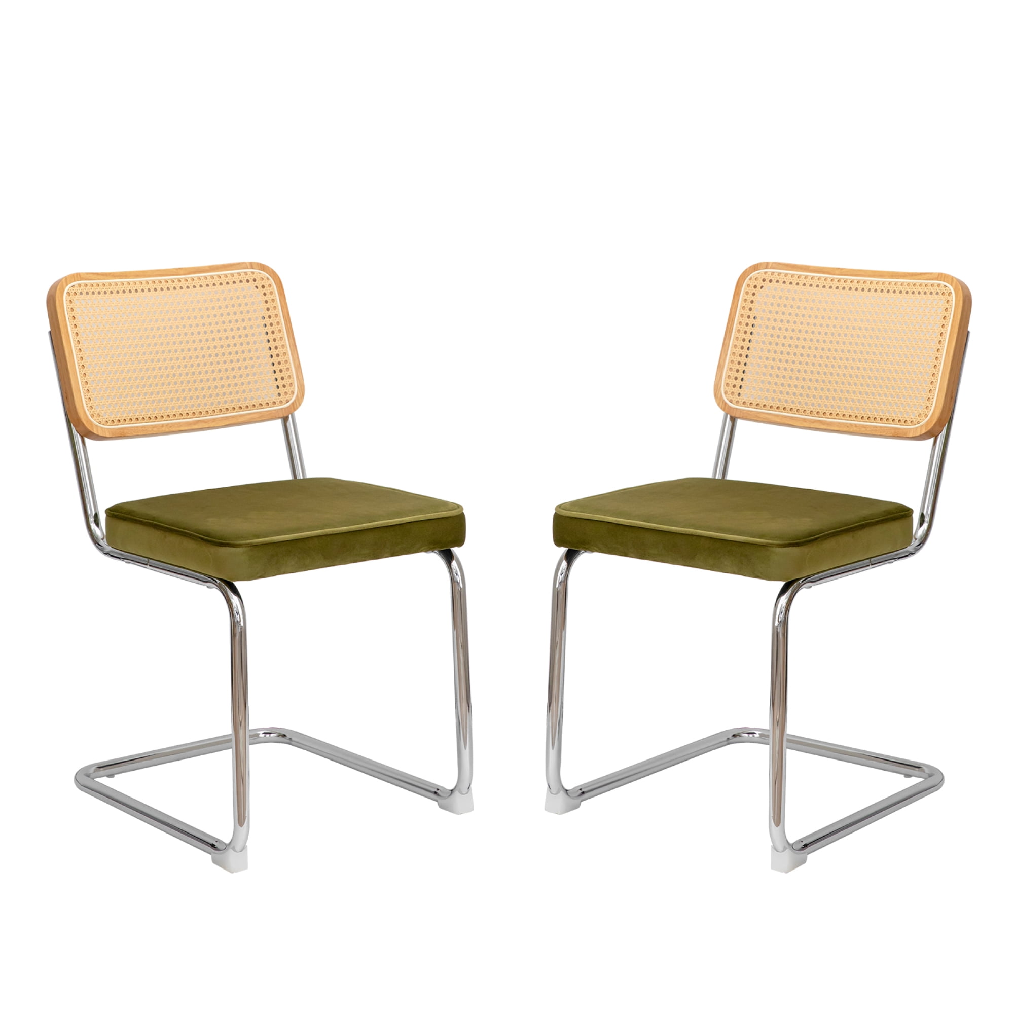 Leumius Set of 2 Dining Chairs, Velvet Rattan Side Accent Chairs with Chrome Legs, Modern Mid Century Breuer Designed Chairs for Dining Living Room Kitchen (Olive Green)