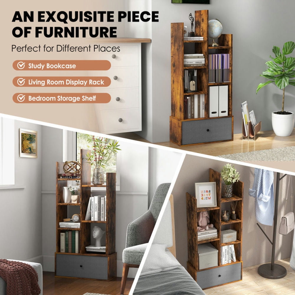 Demi Bonn 7-Tier Open-Back Bookshelf with Drawer, Space-Saving Storage Rack Bookcase, Brown