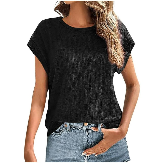 Camisas de Manga Corta para las Mujeres Casual, Moda Cuello Redondo Color Sólido, Blusas de Verano para las Mujeres