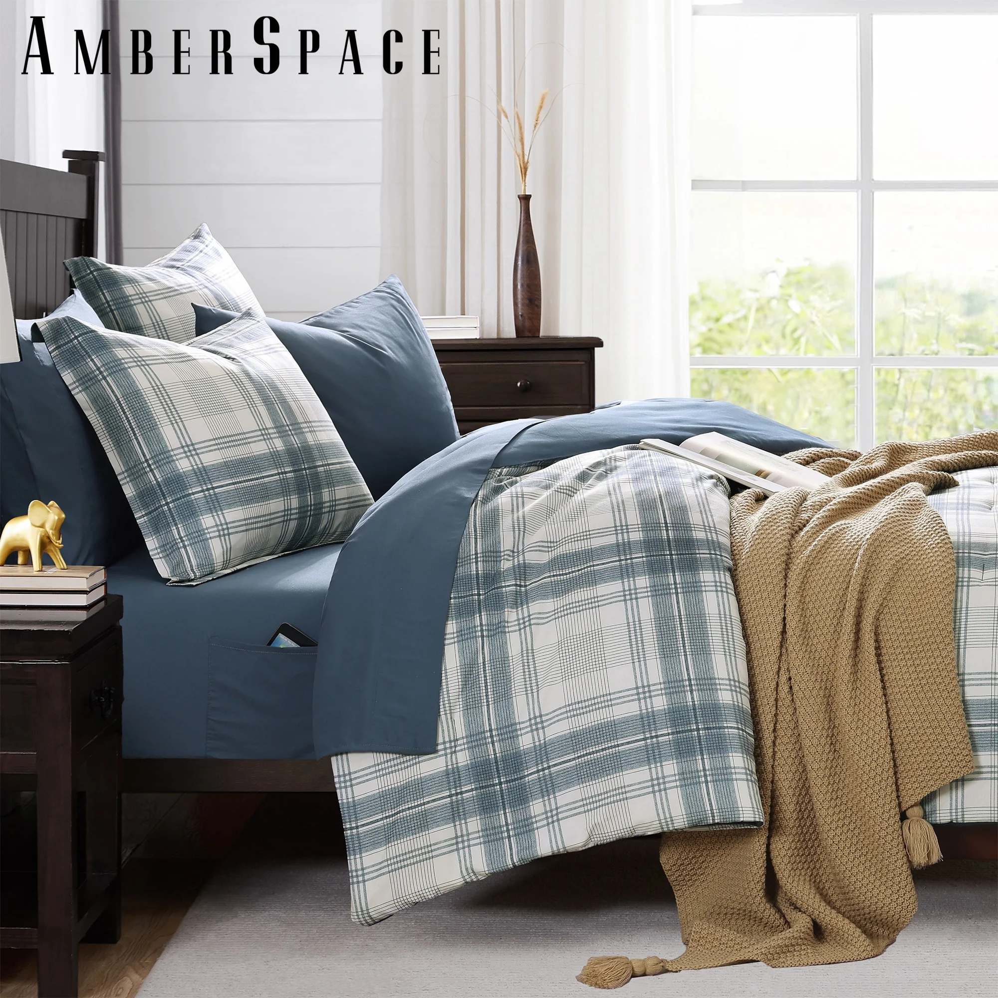Amberspace Reversible Checkered 5-piece Bed in a Bag Comforter Set with Sheets,Blue Grey,Twin XL