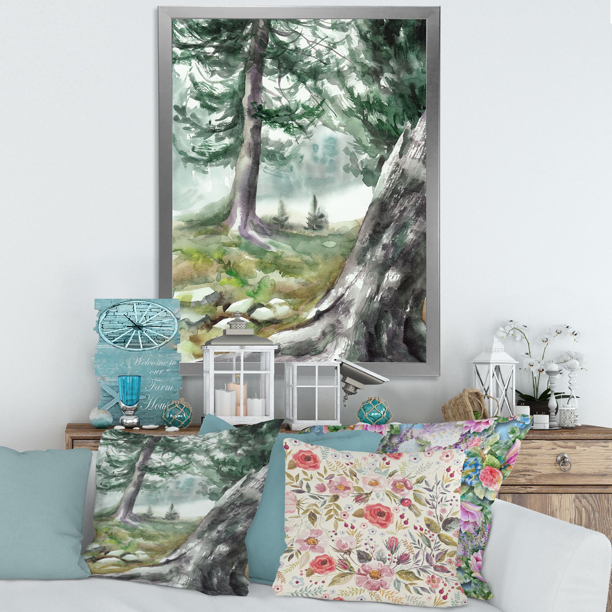 Designart 'Pine Forest In The Early Morning Glow' Lake House Framed Art Print
