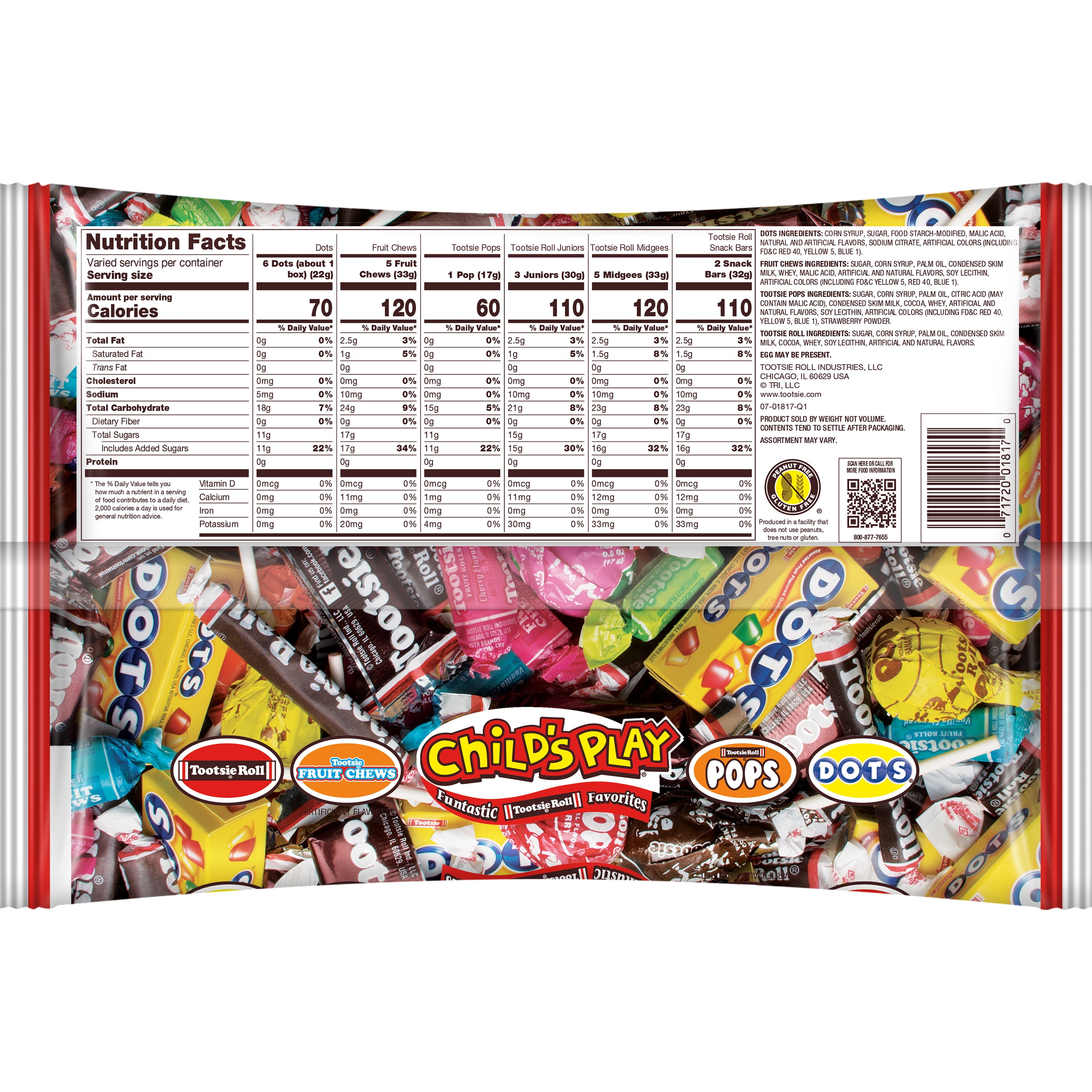 Tootsie Child's Play, Variety Candy Pack, 26 oz. Peanut Free, Gluten Free. Contains Milk and Soy. Egg May Be Present.