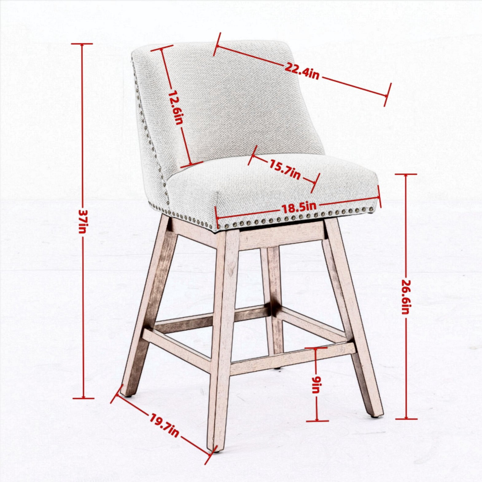 Swivel Bar Stools Set of 2, 26" Counter Height Bar Stools with Back & Footrest, Upholstered Kitchen Island Chairs with Built-in Nailhead Trim for Home Bar, Pub, Wine Red