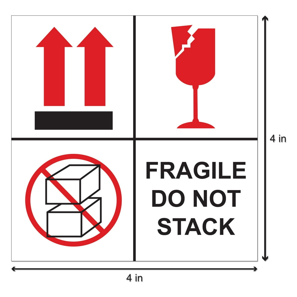 Fragile, Do Not Stack Stickers (4 x 4 inch, 300 Stickers per Roll, Red