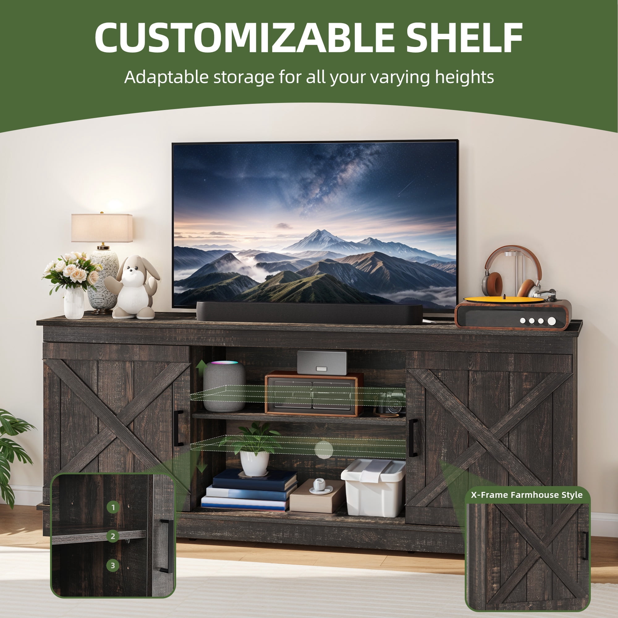 Uforic Farmhouse TV Stand for up 65" TVs, Entertainment Center Console Table for Living Room, Dark Oak