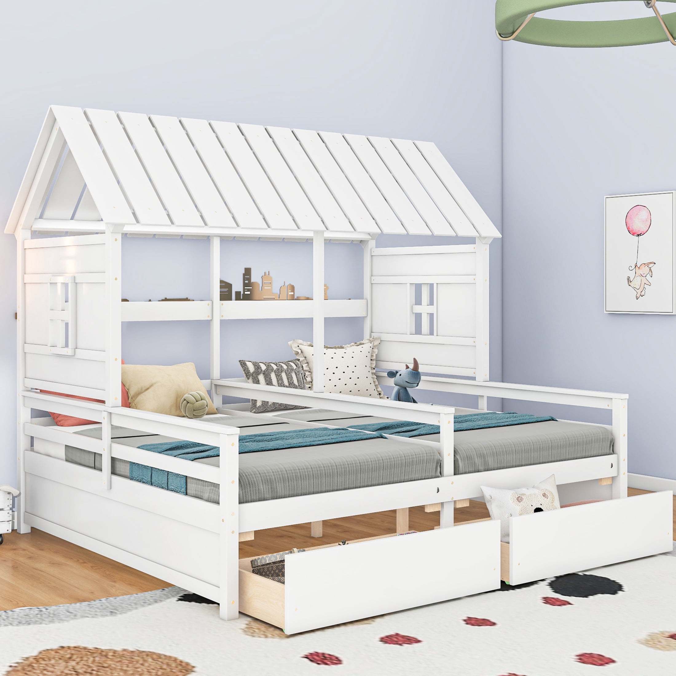 Noble House Junton Dual Twin Size House Platform Bed for Shared Rooms, 2 Side-by-Side Beds with Drawers, White