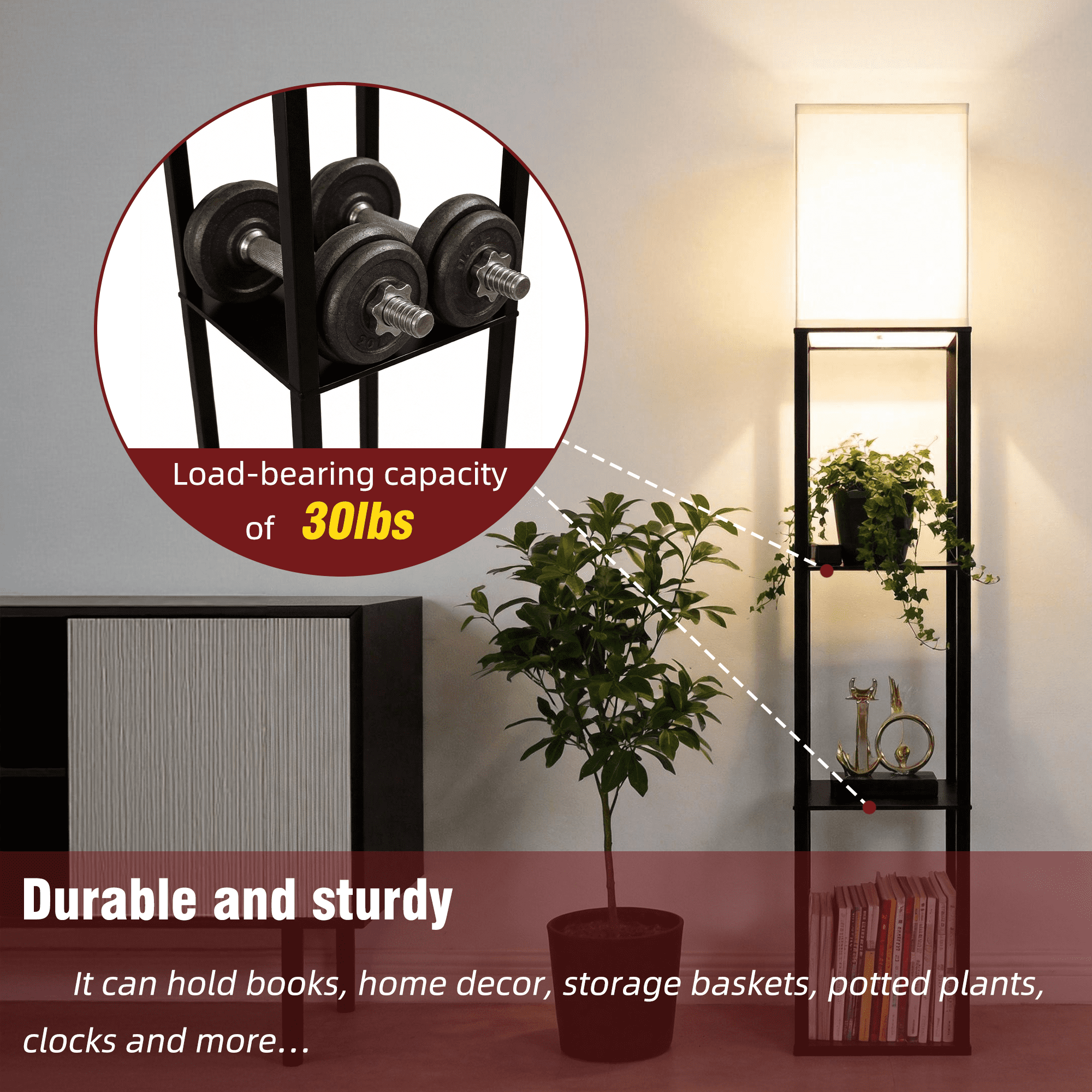 Homechoose Modern Shelf Floor Lamp with Charging Station, Stepless Dimming, Remote & App Control, 3-Tier Storage, 2500K–6000K Adjustable, Walnut Black