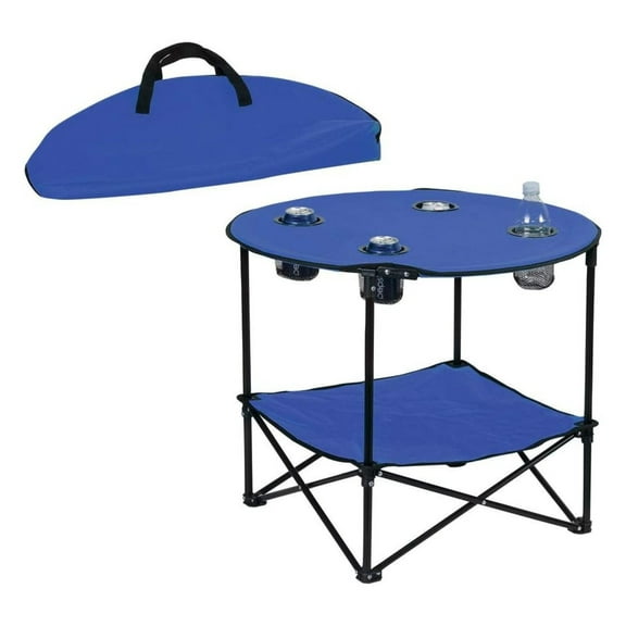 | 2 Tier Folding Camping Table with 4 Mesh Cup Holders Blue | Polyester with Metal Frame | Compact, Convenient Carry Case Included | Side Table for Tailgate