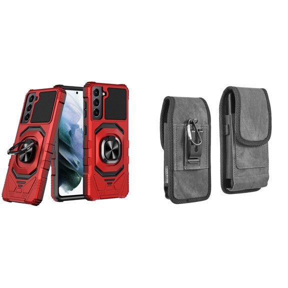 Case with Belt Holster Bundle for Samsung Galaxy S22 Ultra: Heavy Duty Shield Cover (Red) and Vertical Rugged Denim Nylon Phone Pouch