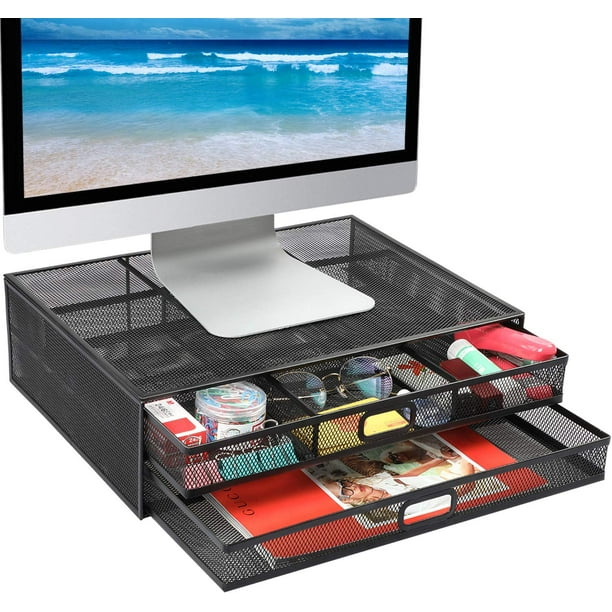 Monitor Stand Riser - Organisateur de bureau en métal maillé pour PC,  ordinateur portable, bloc-notes, support d'imprimante avec double tiroir de  rangement coulissant 
