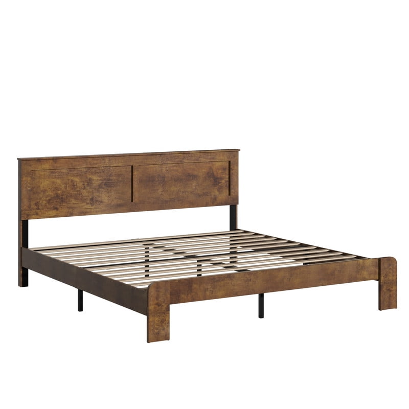 King Size Bed Frame, Farmhouse Platform Bed with Headboard and Wood Slats Support, Noise Free, No Box Spring Needed