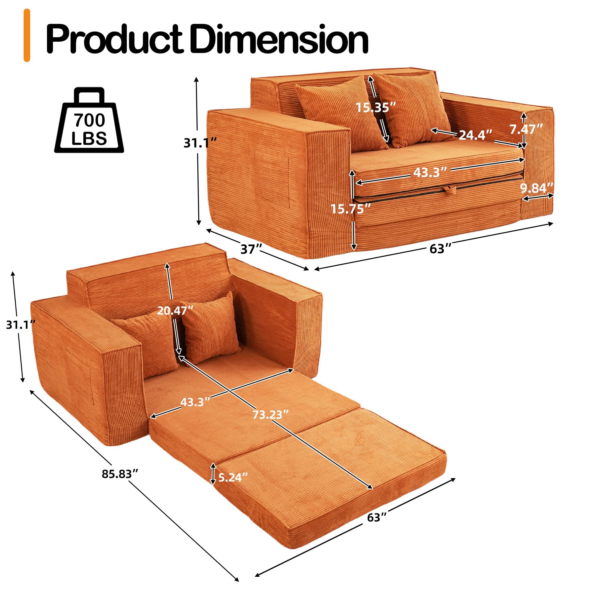 Vicluke Convertible Memory Foam 3-seat Sofa & Loveseat, Pull Out Sleeper Sofa Bed, 2 in 1 Folding Couch Bed, Fold Out Floor Couch Corduroy Fabric with Pillows for Living Room Bedroom Lounge(Tan)