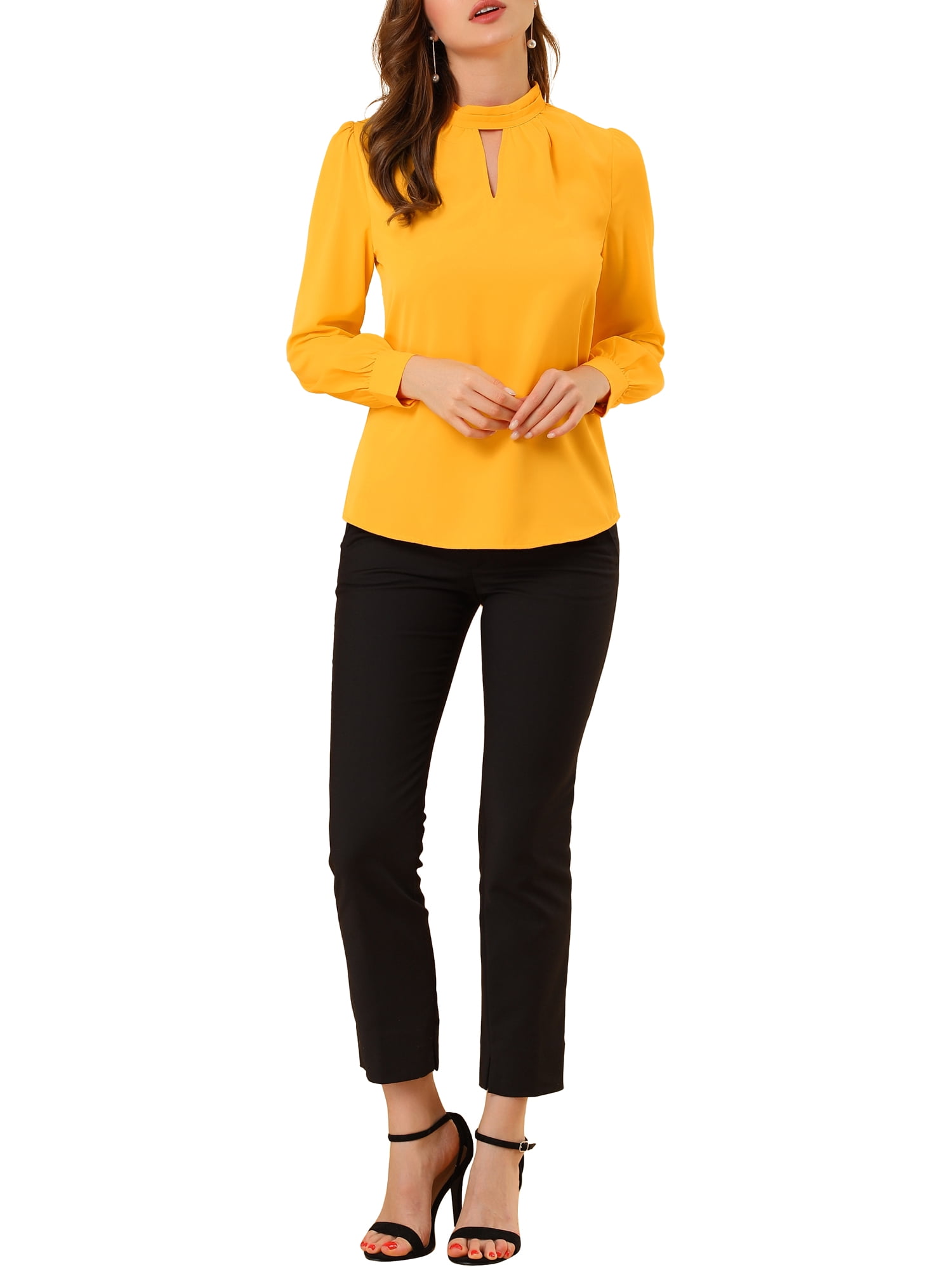DARING DIVA Women's Stand Collar Long Sleeve Office Blouse XL Bright Yellow