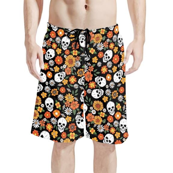 Binienty Men's Board Shorts Swim Trunks With Floral Skull Print - Quick Dry Shorts for Summer Beach Vacation and Water Sports