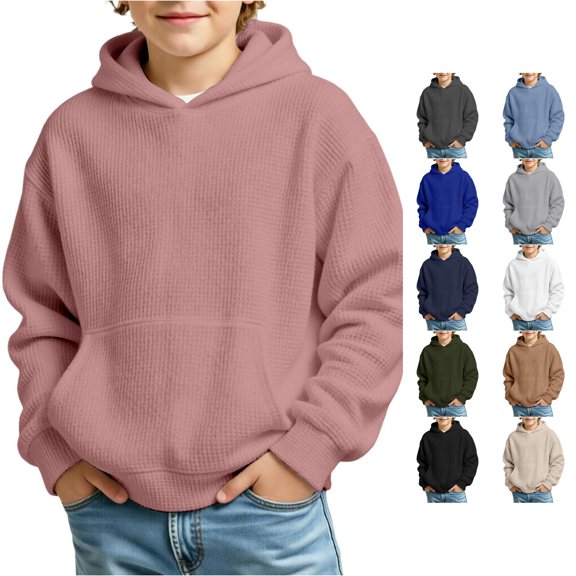 TBWNWG Boys Girls Casual Solid Knit Long Sleeve Hooded Sweatshirt with Pockets Textured Outdoor Jacket for Youth Pullover Warm Top
