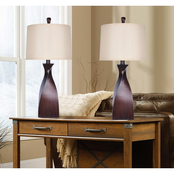 30" Faux Dark Walnut Polyresin Table Lamps w/ Twisted Body & Natural Linen Drum Shades (Set of 2)