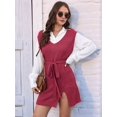thumbnail image 5 of Womens Sweater Vest Dress Pattern Knitted Pullovers Sweaters V Neck Tie Waist Tank Sweater Dress Red L, 5 of 8