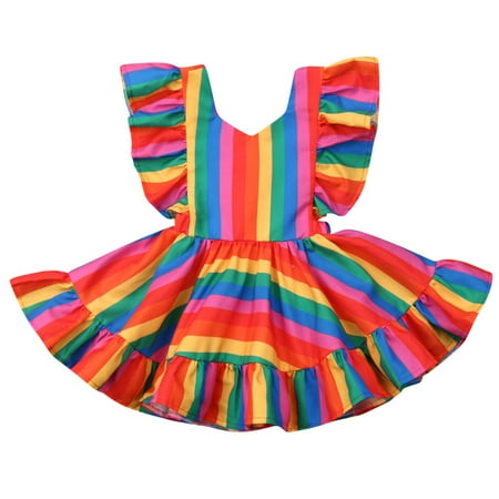 

Canis Little Girls Summer Ruffle Sleeve Colorful Striped Back Straps Dress