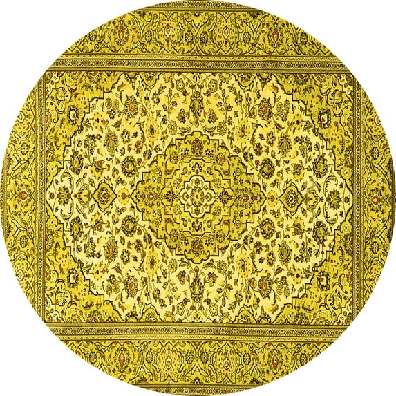 Ahgly Company Machine Washable Indoor Round Medallion Yellow Traditional Area Rugs, 3' Round