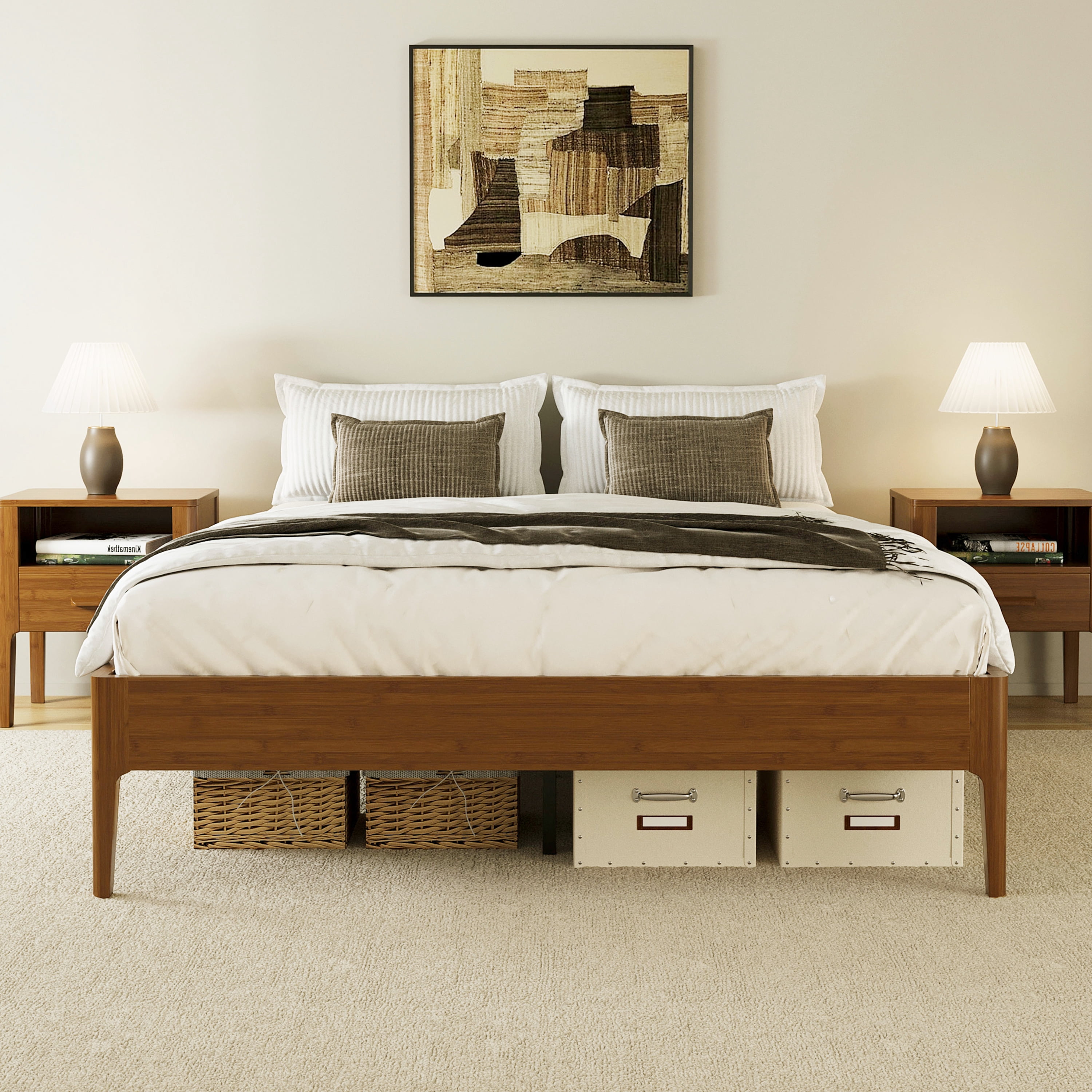 Euroco Bamboo Wood Platform Bed, Queen Size Minimalist Style Bed, Brown