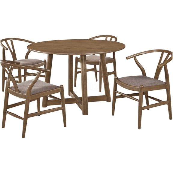 Walnut 5-Piece Dining Table Set with 4 Upholstered Chairs, Solid Wood Round Kitchen Table for 4