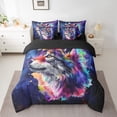 thumbnail image 2 of Watercolor Wolf Bedding Comforter Sets 7pcs Purple Navy Blue Bed in a Bag Woodland Wildlife King Bedding Sets Safari Wild Animal Comforter Set Glitter Stars Galaxy Bedding Sets, 2 of 6