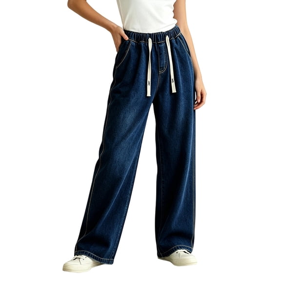 QQZ Wide Leg Loose Jeans For Women, Drawstring Elastic Waist Stretchy Denim Pants, 5‑Pocket Full‑Length Trendy Jeans For Daily Dating Outdoor Casual Wear