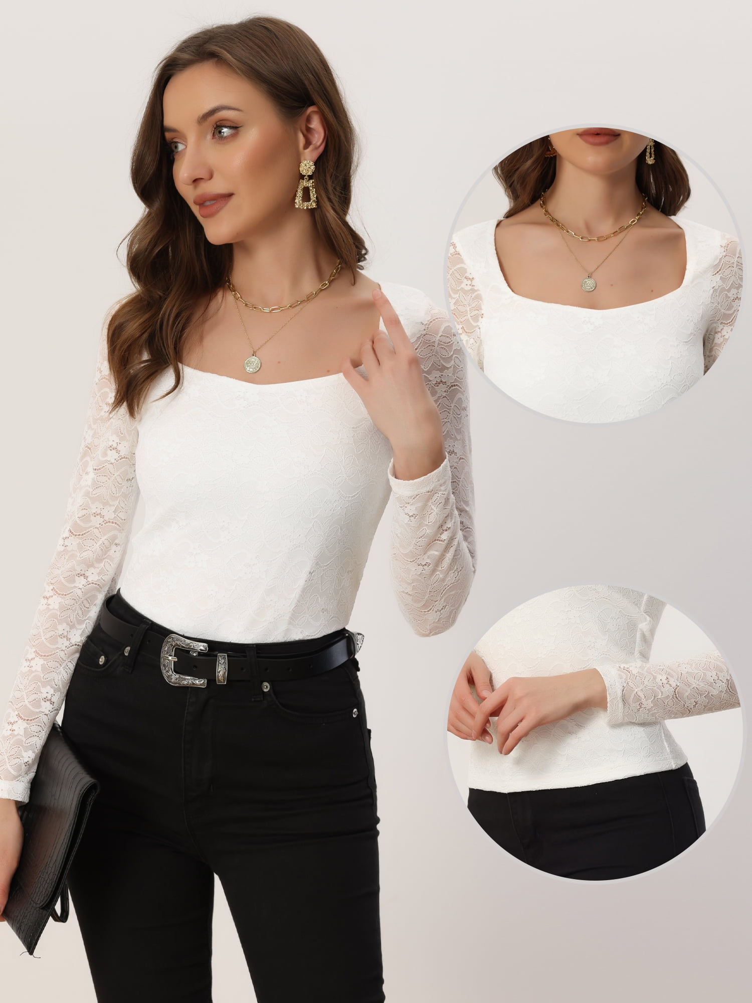 Lace Blouse for Women's Sweetheart Neck Long Sleeves Elegant Tops XL White